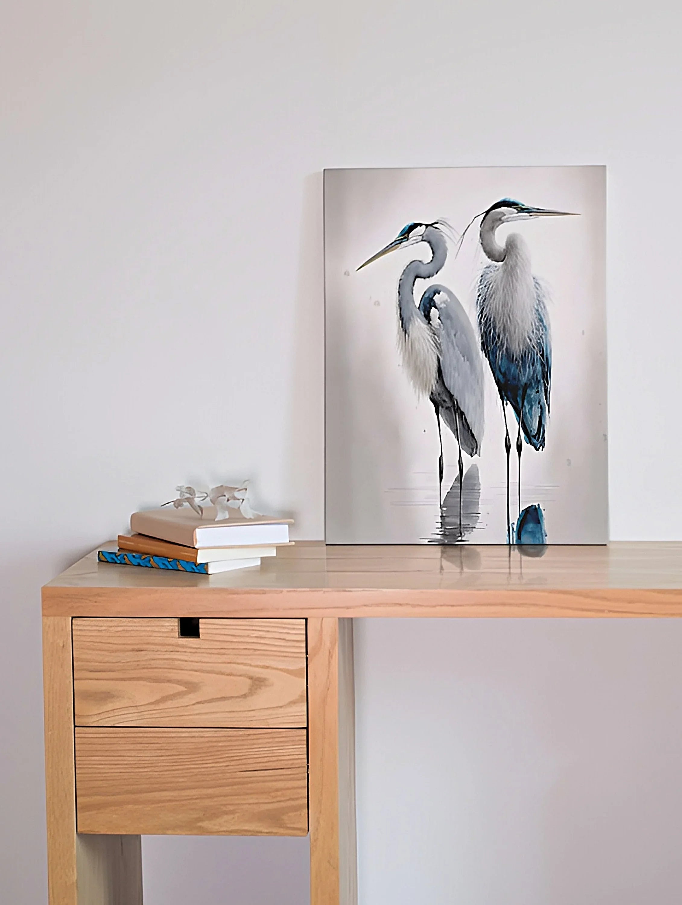 Heron wall art – two elegant herons in teal and blue coastal nature scene