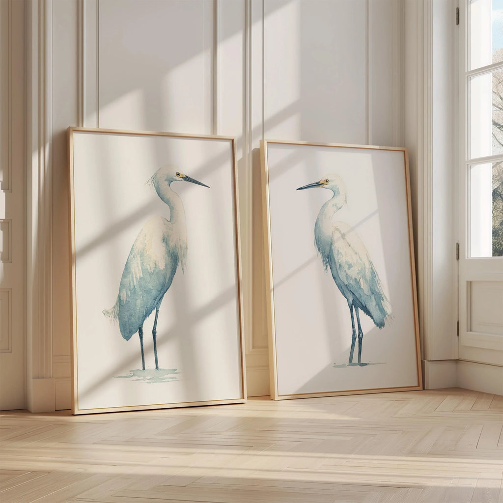 Heron watercolour wall art set of 2 – majestic blue herons in soft coastal tones