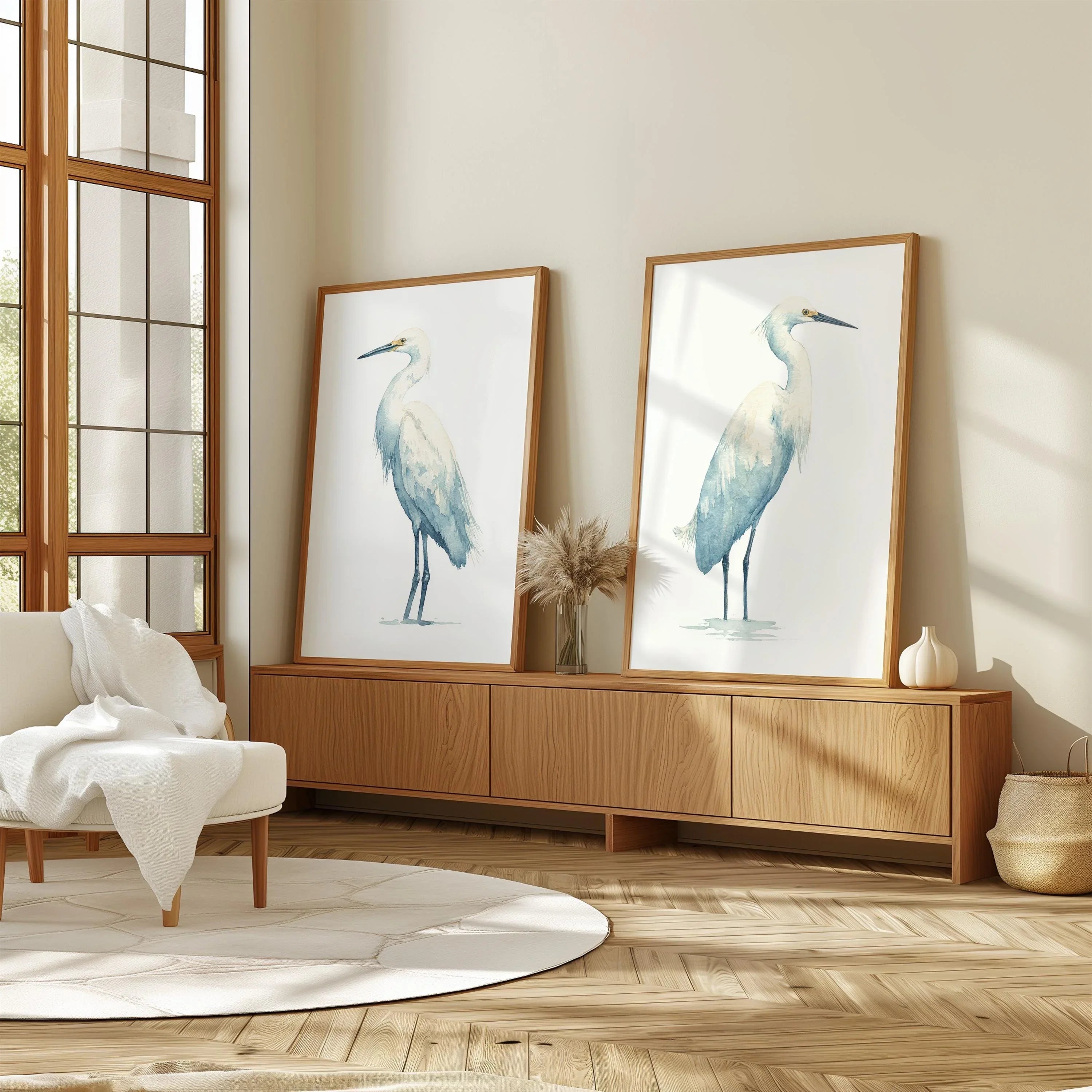 Heron watercolour wall art set of 2 – majestic blue herons in soft coastal tones