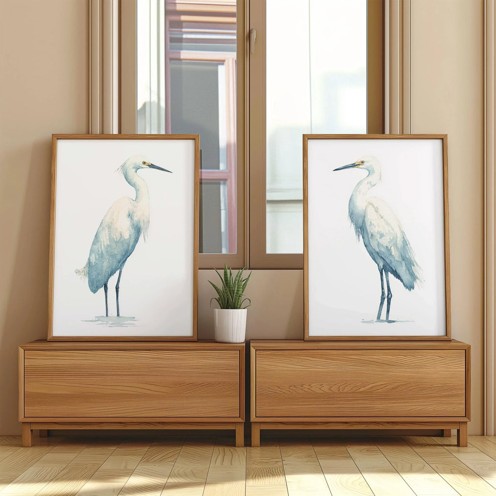 Heron watercolour wall art set of 2 – majestic blue herons in soft coastal tones