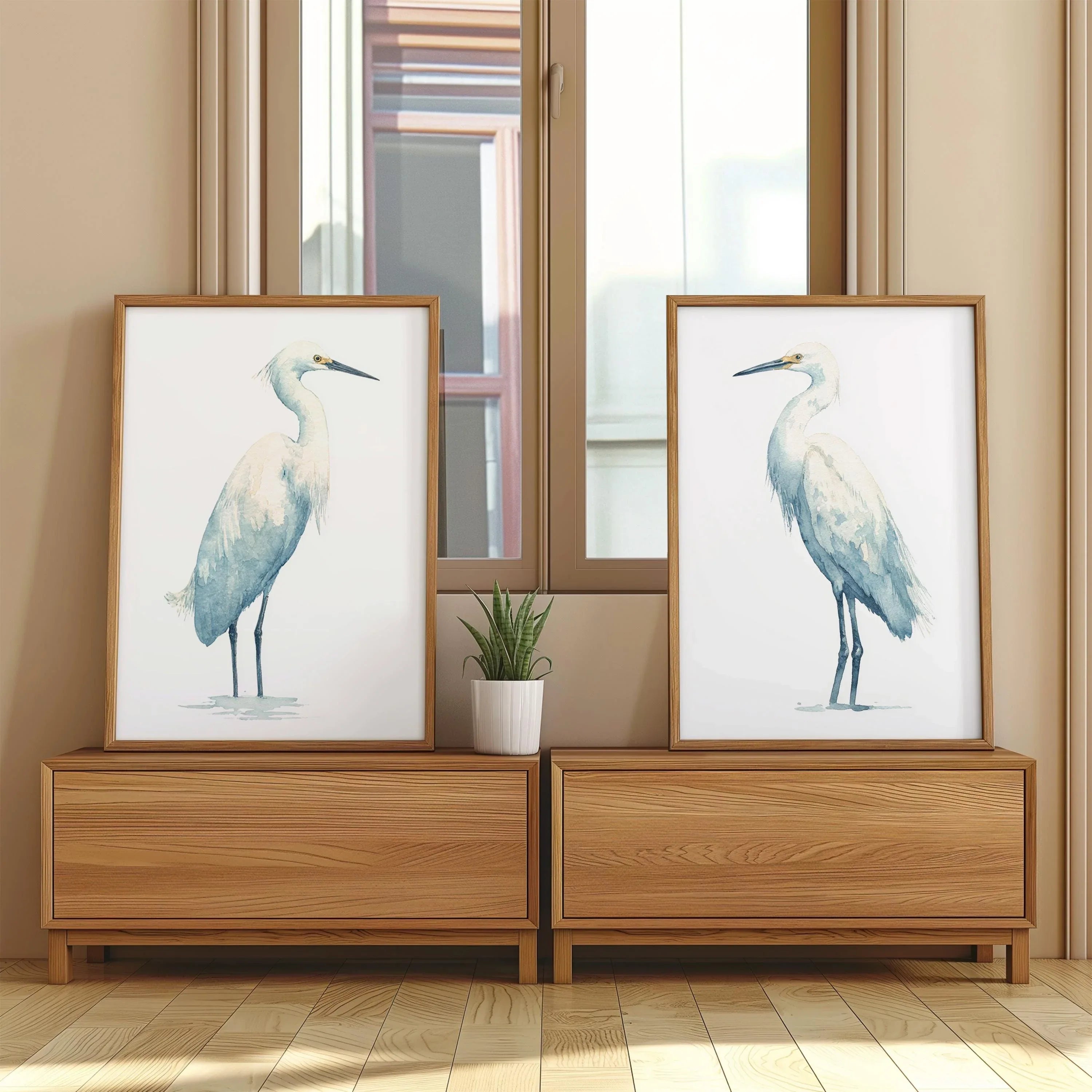 Heron watercolour wall art set of 2 – majestic blue herons in soft coastal tones