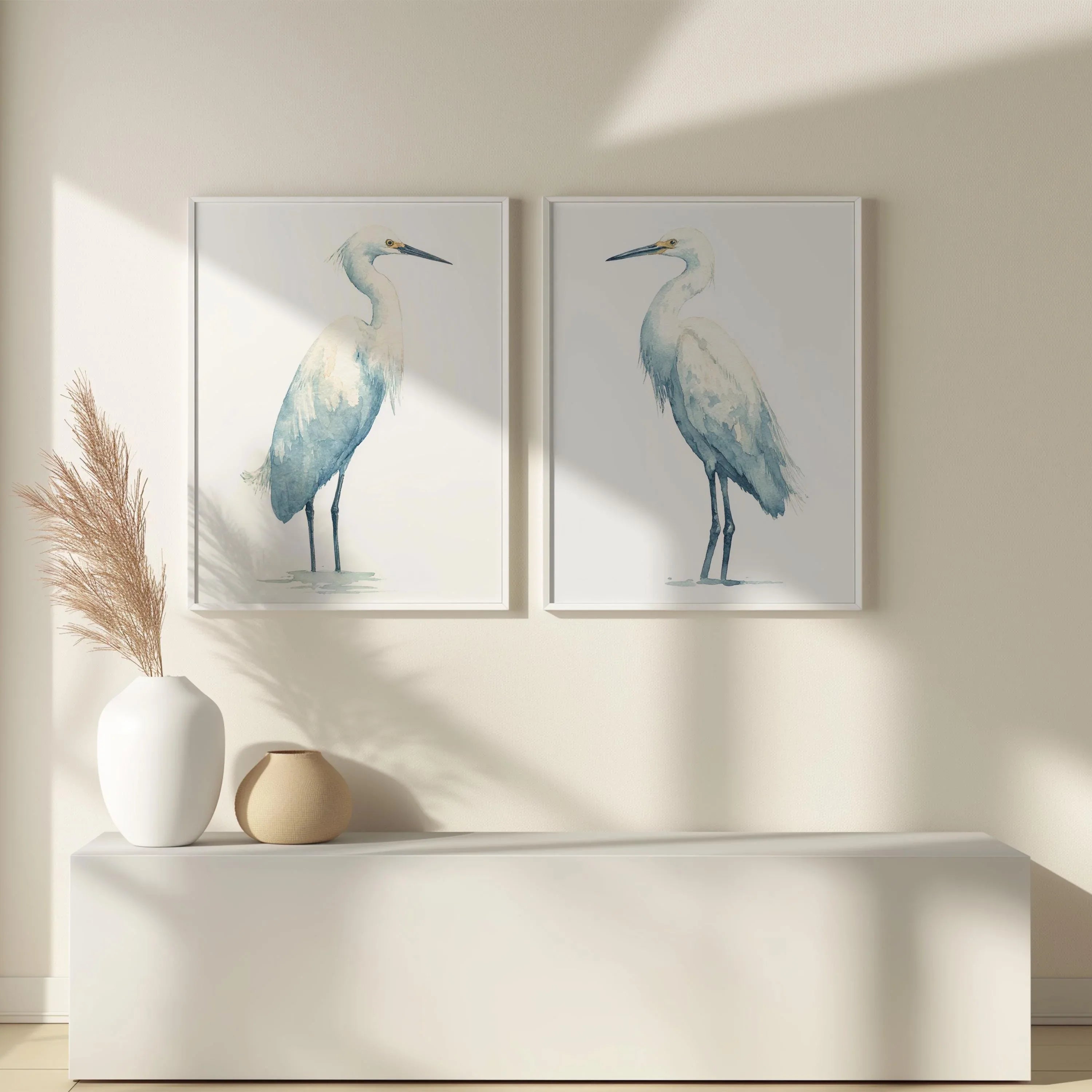 Heron watercolour wall art set of 2 – majestic blue herons in soft coastal tones