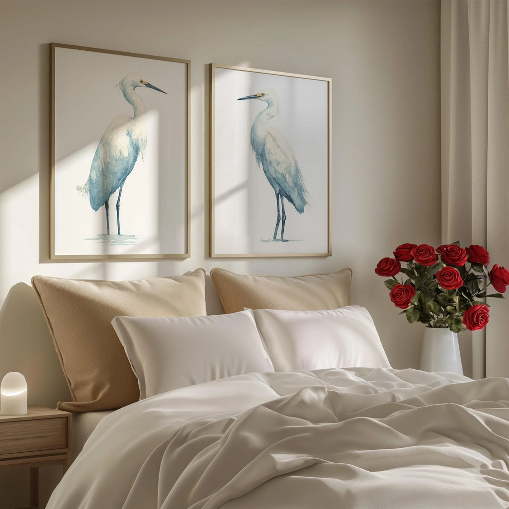 Heron watercolour wall art set of 2 – majestic blue herons in soft coastal tones
