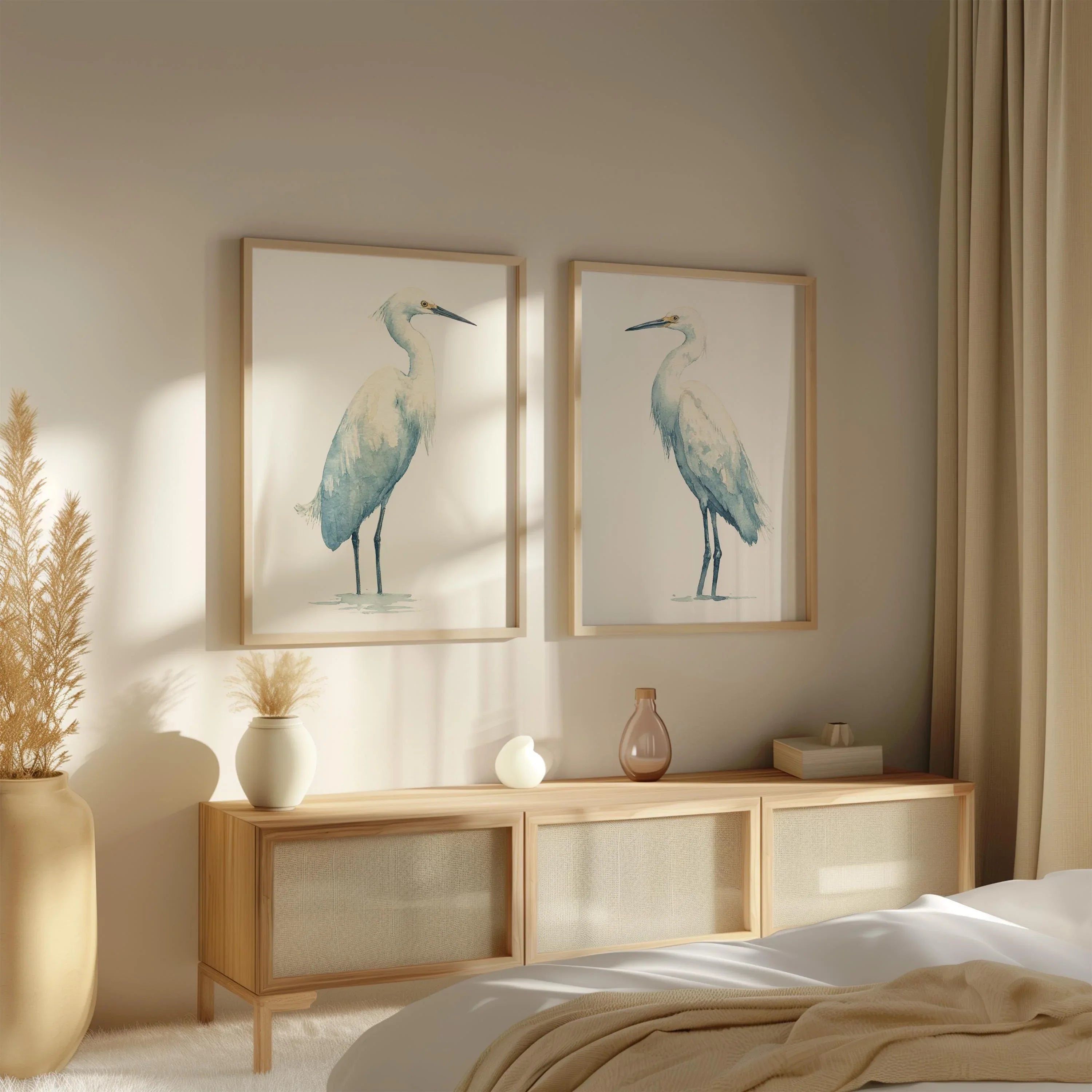 Heron watercolour wall art set of 2 – majestic blue herons in soft coastal tones
