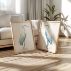 Heron watercolour wall art set of 2 – majestic blue herons in soft coastal tones