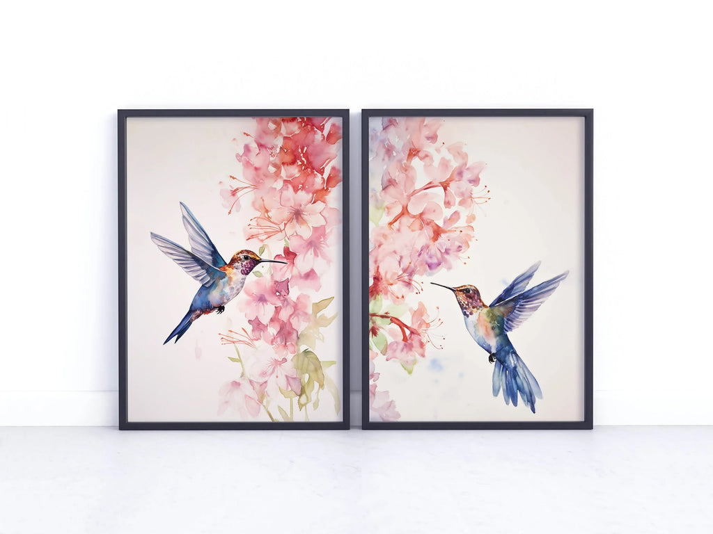 Hummingbird watercolour wall art set of 2 – vibrant diptych bird art in jewel tones