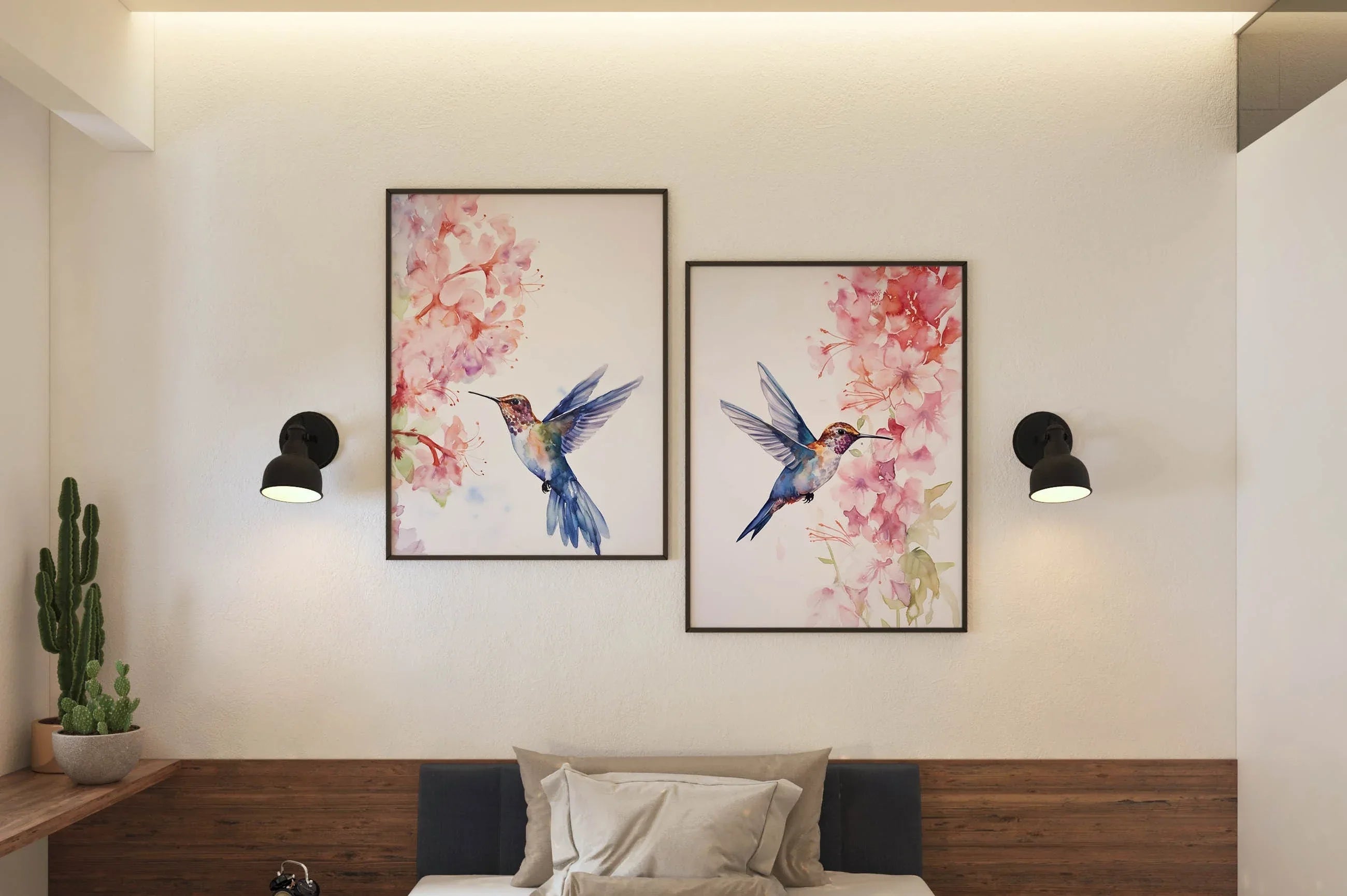 Hummingbird watercolour wall art set of 2 – vibrant diptych bird art in jewel tones