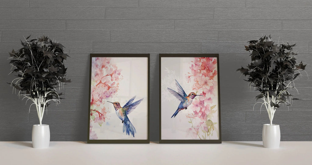 Hummingbird watercolour wall art set of 2 – vibrant diptych bird art in jewel tones