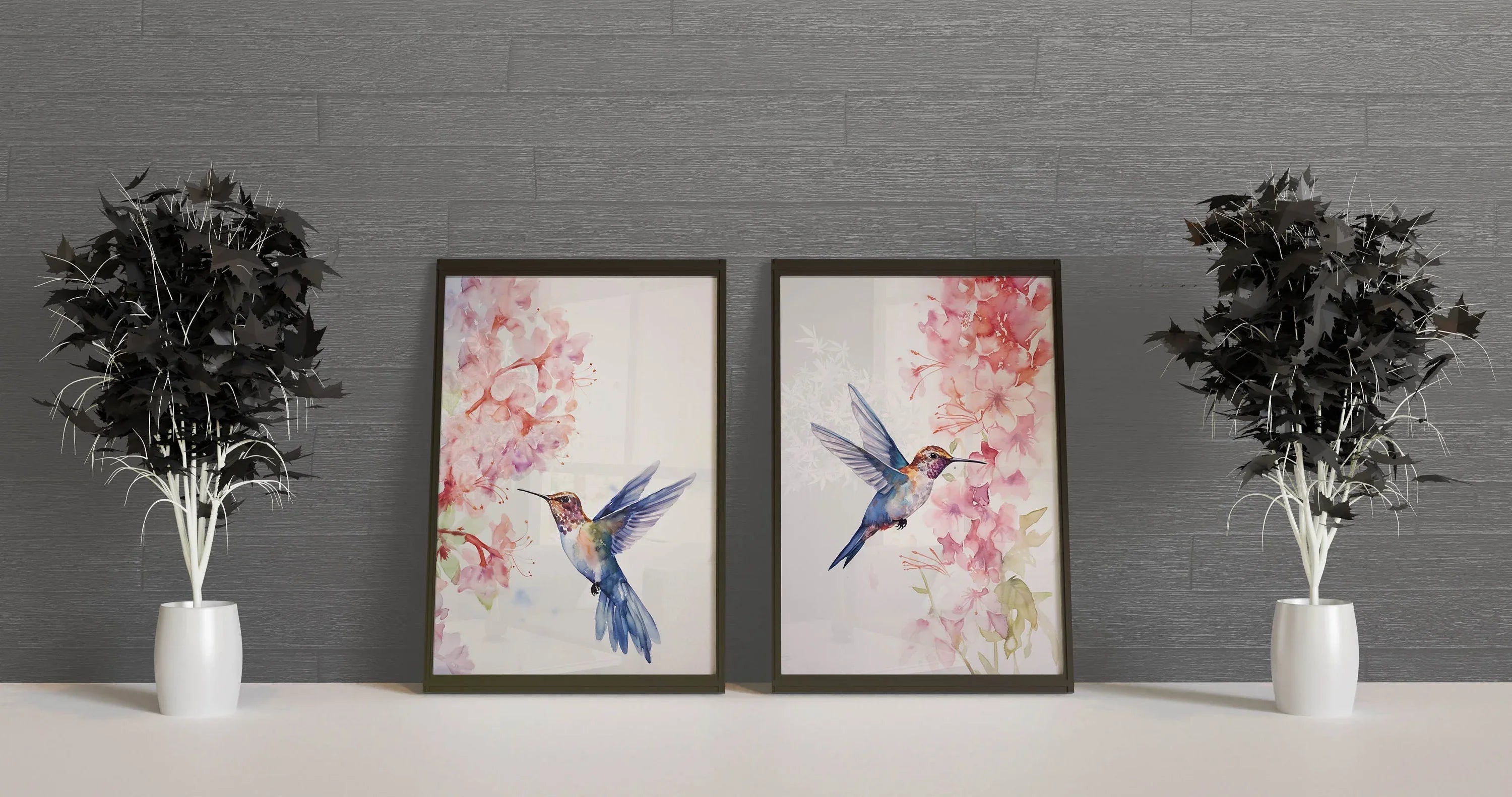 Hummingbird watercolour wall art set of 2 – vibrant diptych bird art in jewel tones