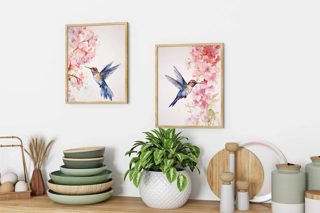Hummingbird watercolour wall art set of 2 – vibrant diptych bird art in jewel tones