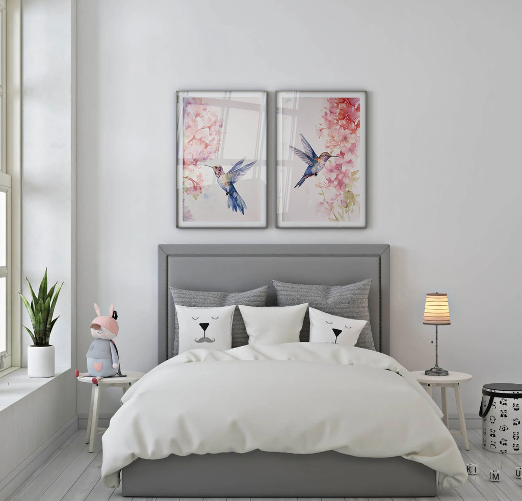 Hummingbird watercolour wall art set of 2 – vibrant diptych bird art in jewel tones