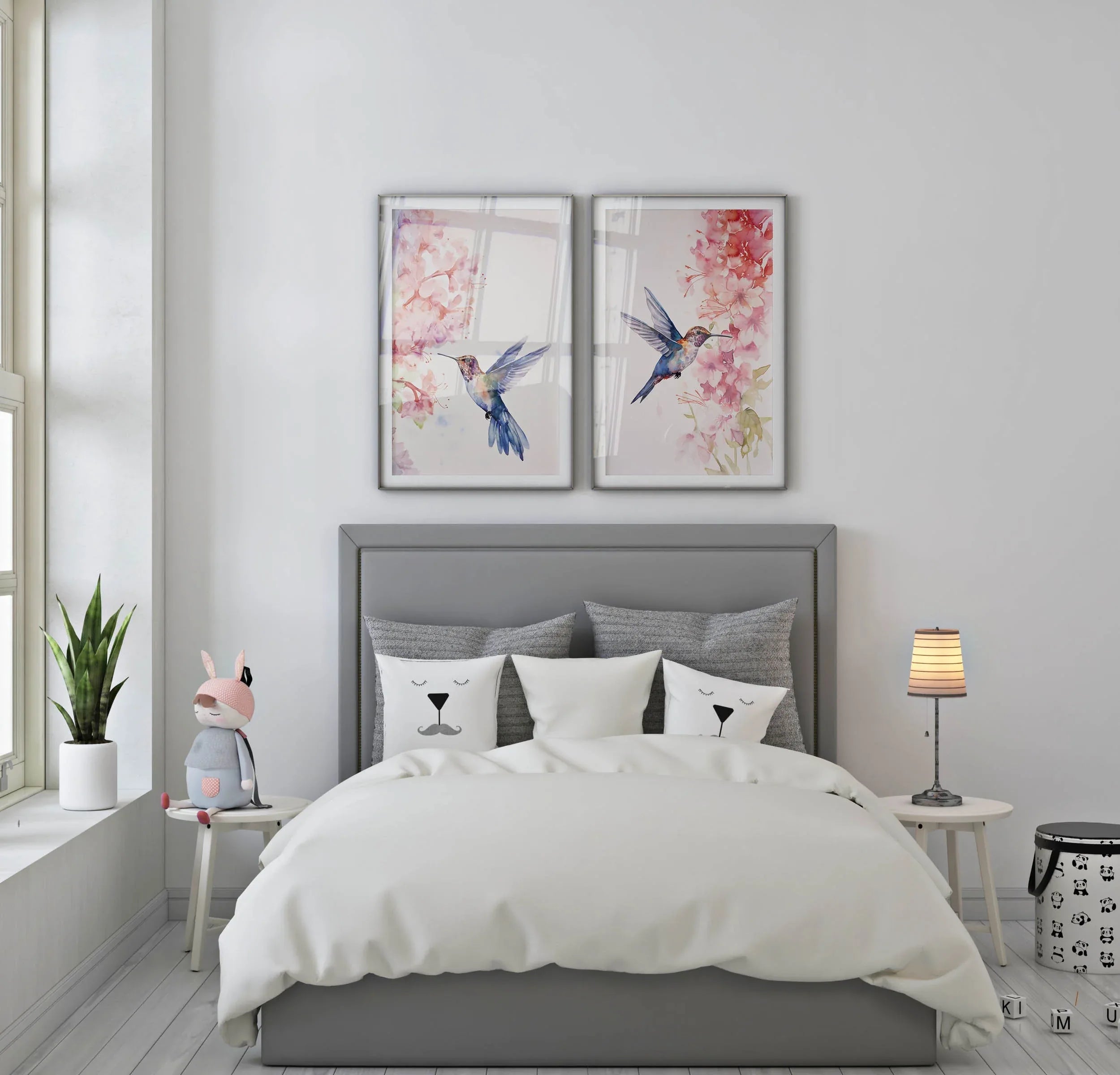 Hummingbird watercolour wall art set of 2 – vibrant diptych bird art in jewel tones