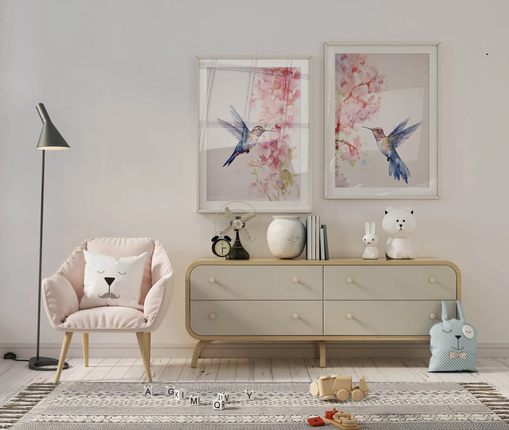 Hummingbird watercolour wall art set of 2 – vibrant diptych bird art in jewel tones