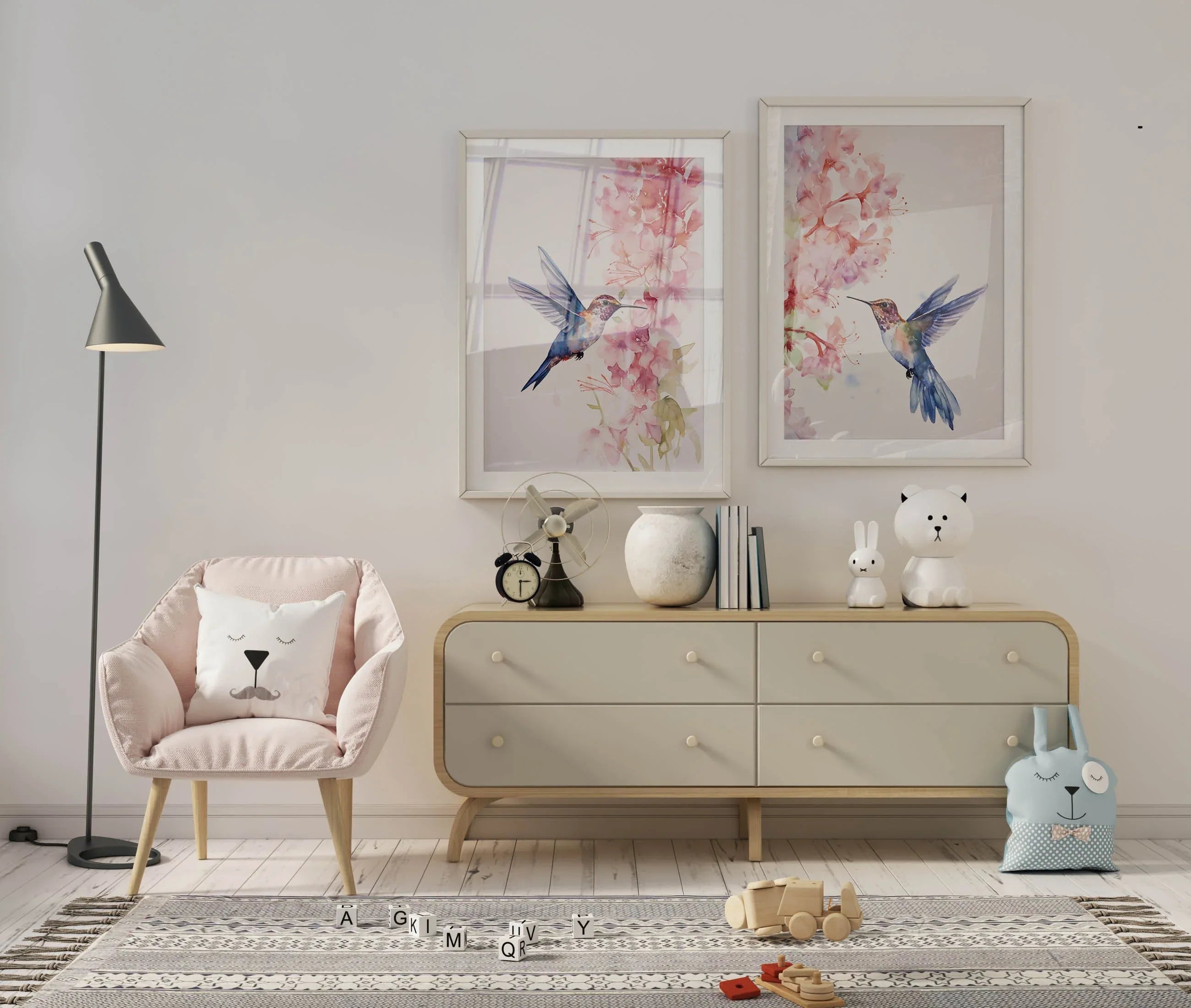 Hummingbird watercolour wall art set of 2 – vibrant diptych bird art in jewel tones