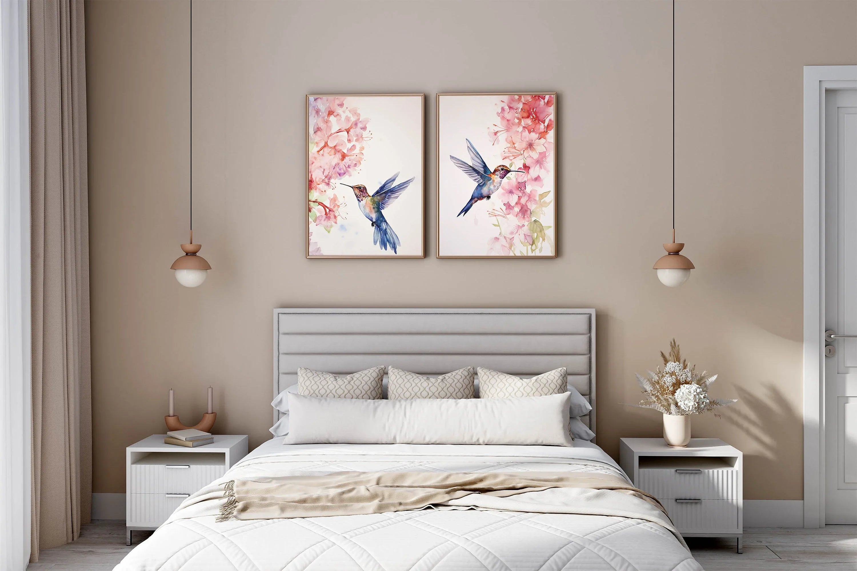 Hummingbird watercolour wall art set of 2 – vibrant diptych bird art in jewel tones