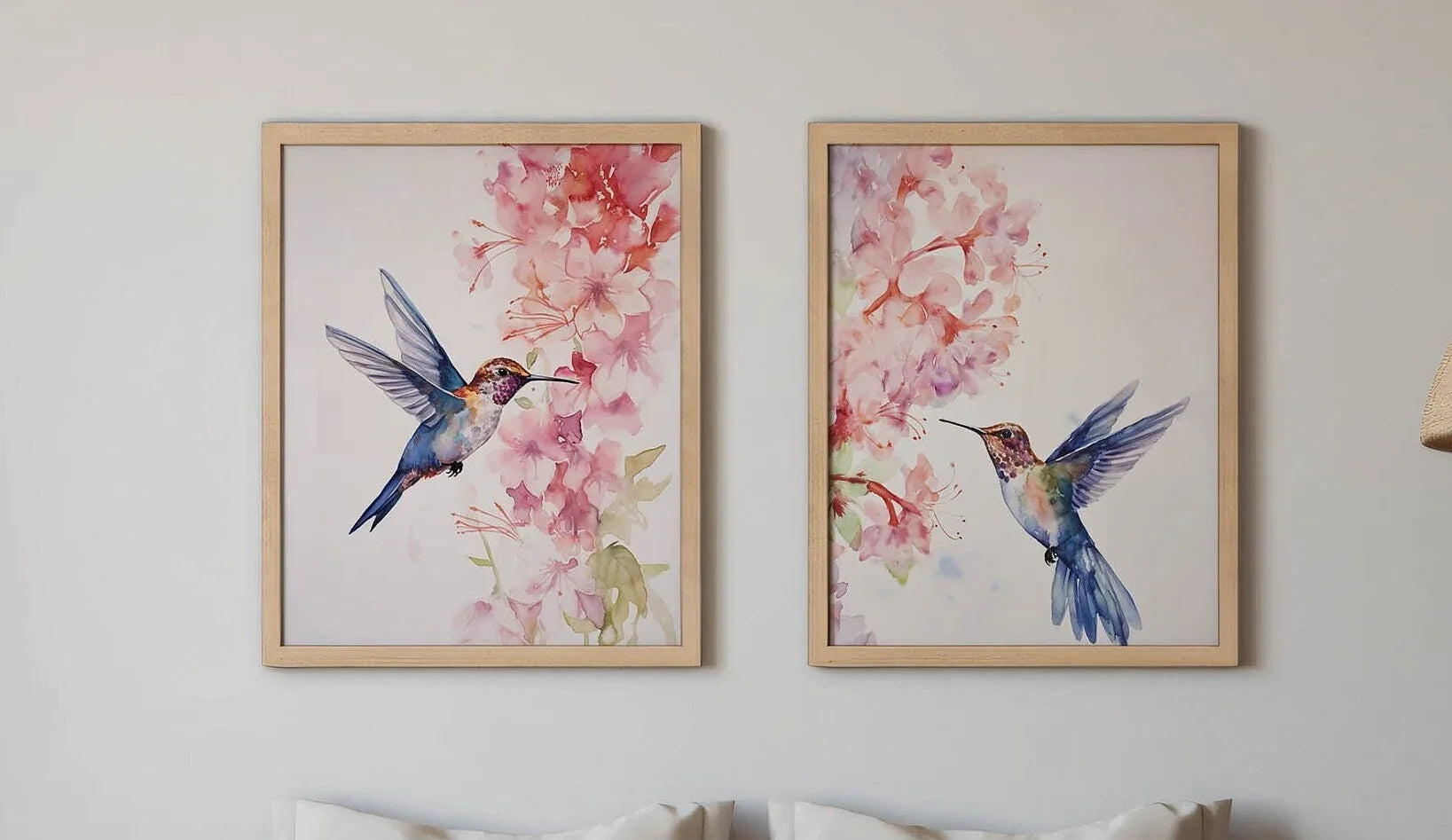 Hummingbird watercolour wall art set of 2 – vibrant diptych bird art in jewel tones