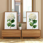Hydrangea botanical wall art set of 2 – lush white blooms with green leaves