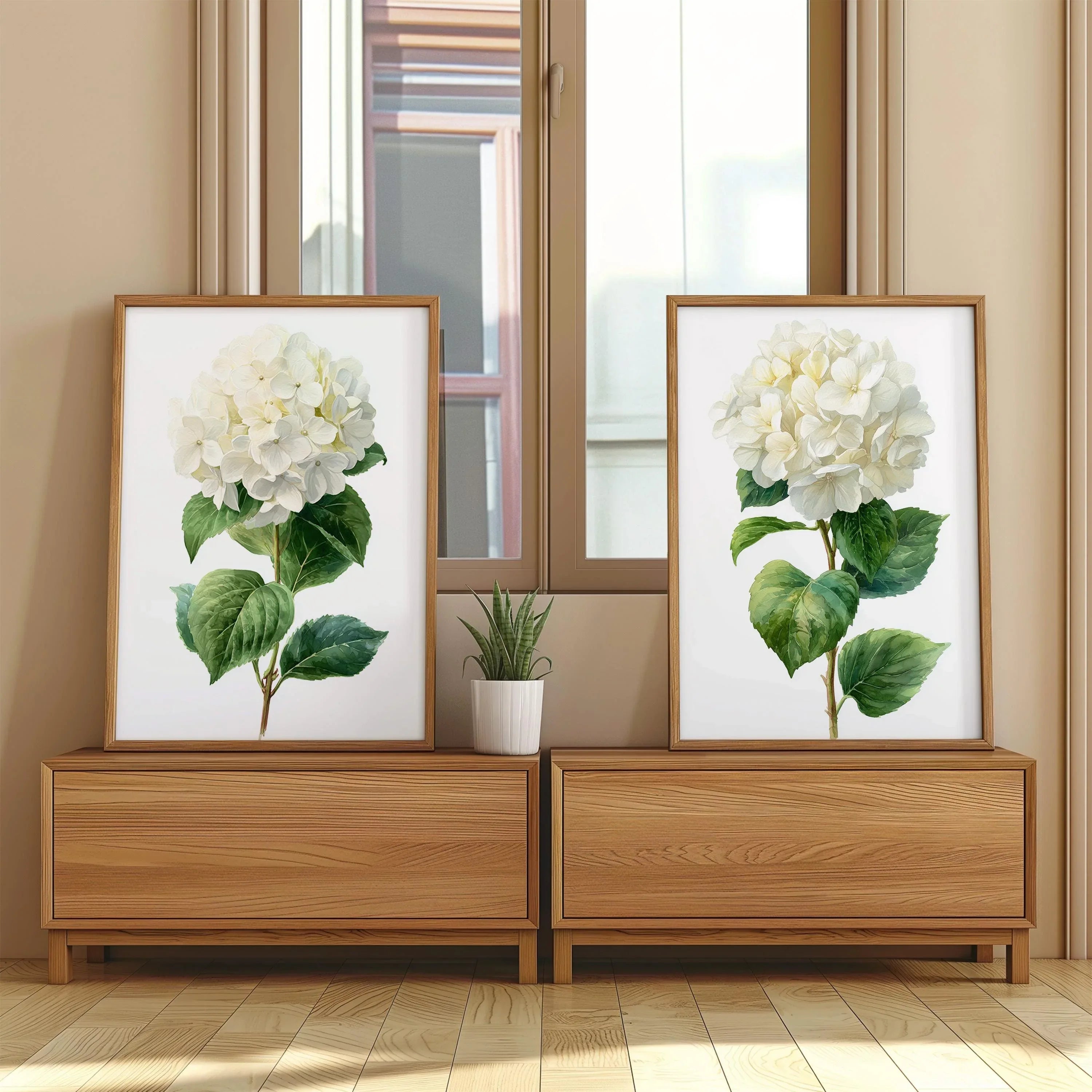 Hydrangea botanical wall art set of 2 – lush white blooms with green leaves