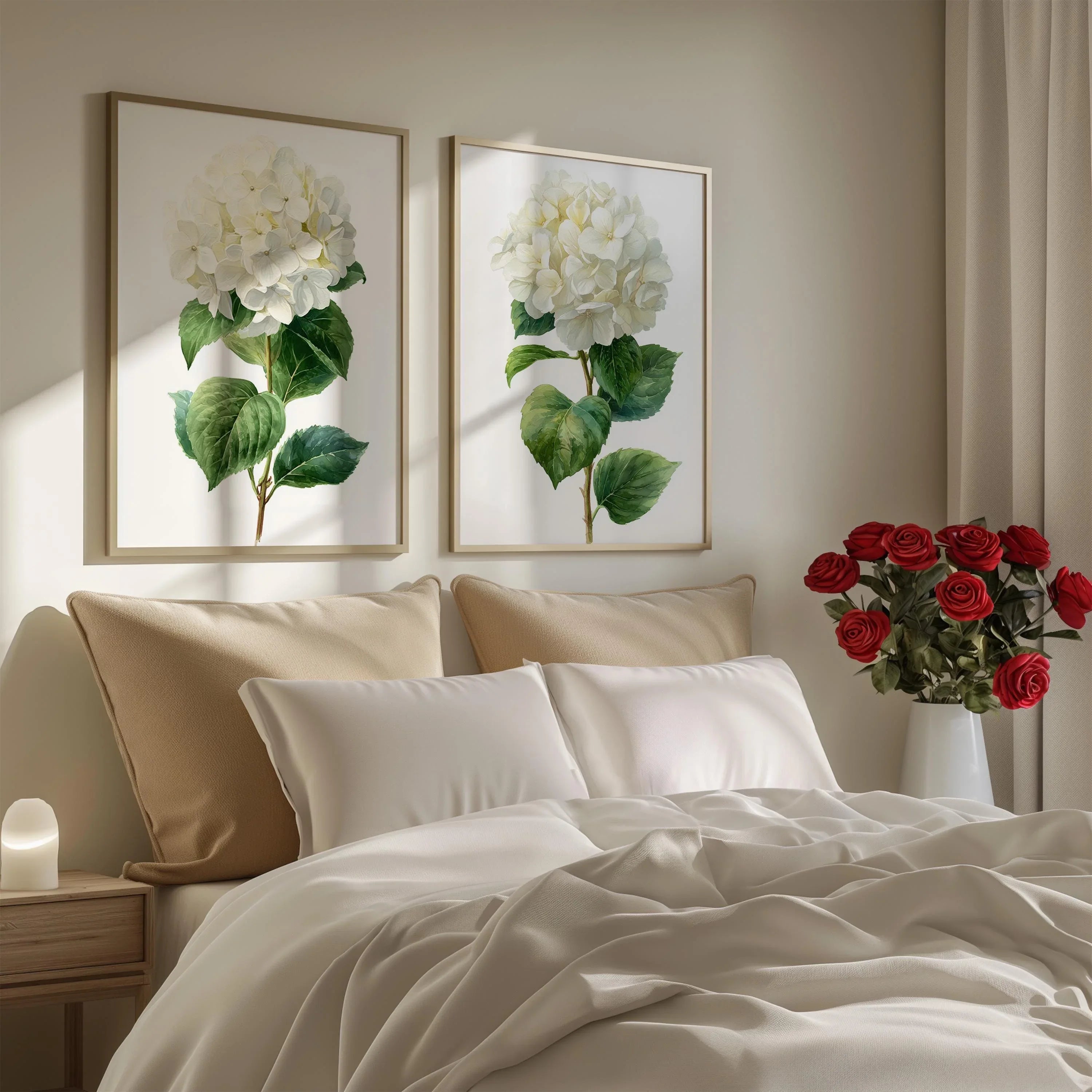 Hydrangea botanical wall art set of 2 – lush white blooms with green leaves
