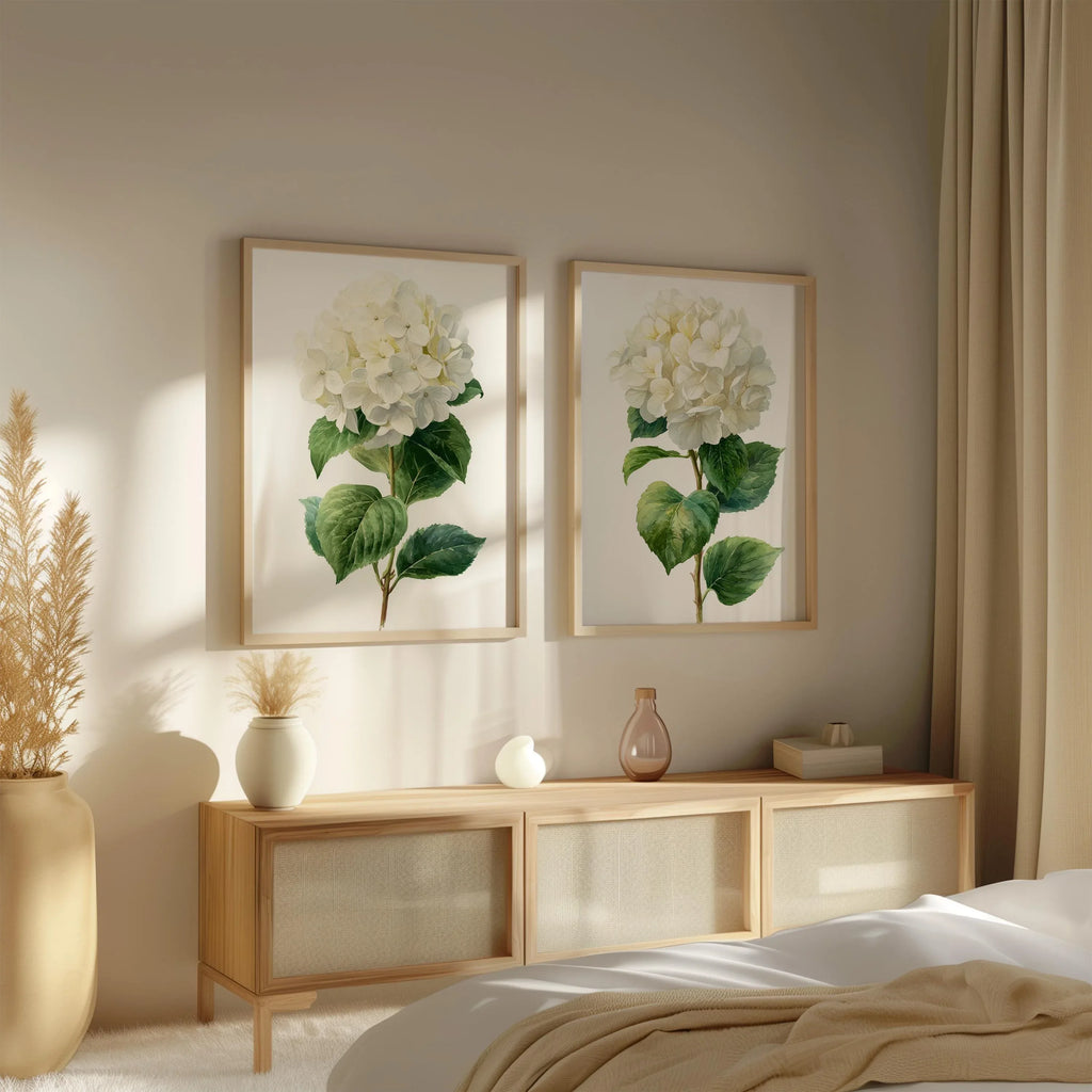 Hydrangea botanical wall art set of 2 – lush white blooms with green leaves