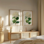 Hydrangea botanical wall art set of 2 – lush white blooms with green leaves