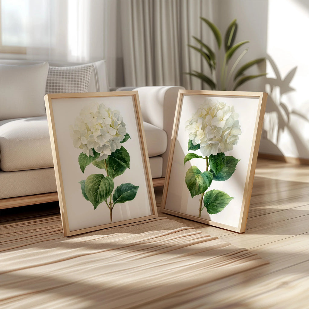 Hydrangea botanical wall art set of 2 – lush white blooms with green leaves