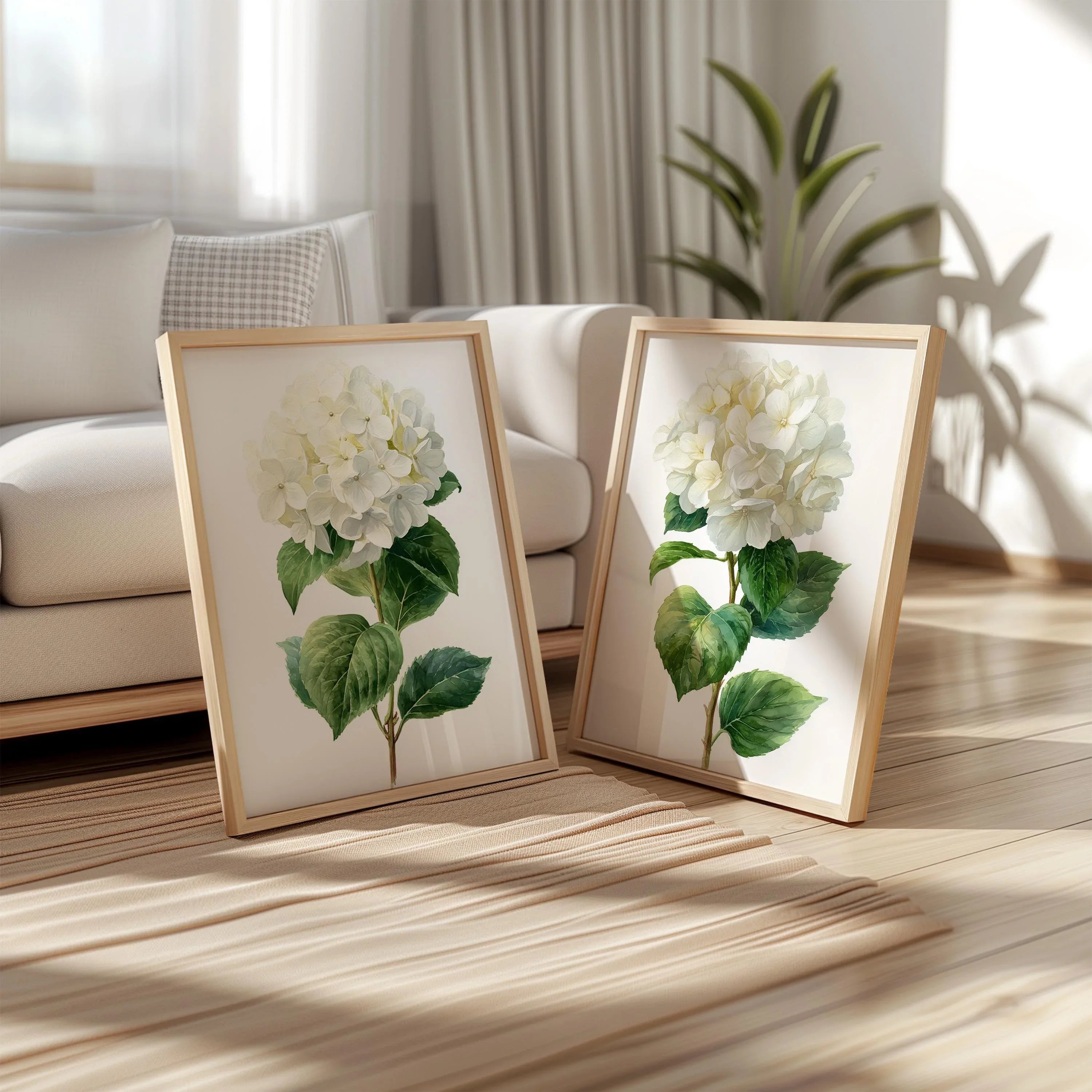 Hydrangea botanical wall art set of 2 – lush white blooms with green leaves