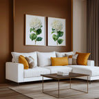 Hydrangea botanical wall art set of 2 – lush white blooms with green leaves