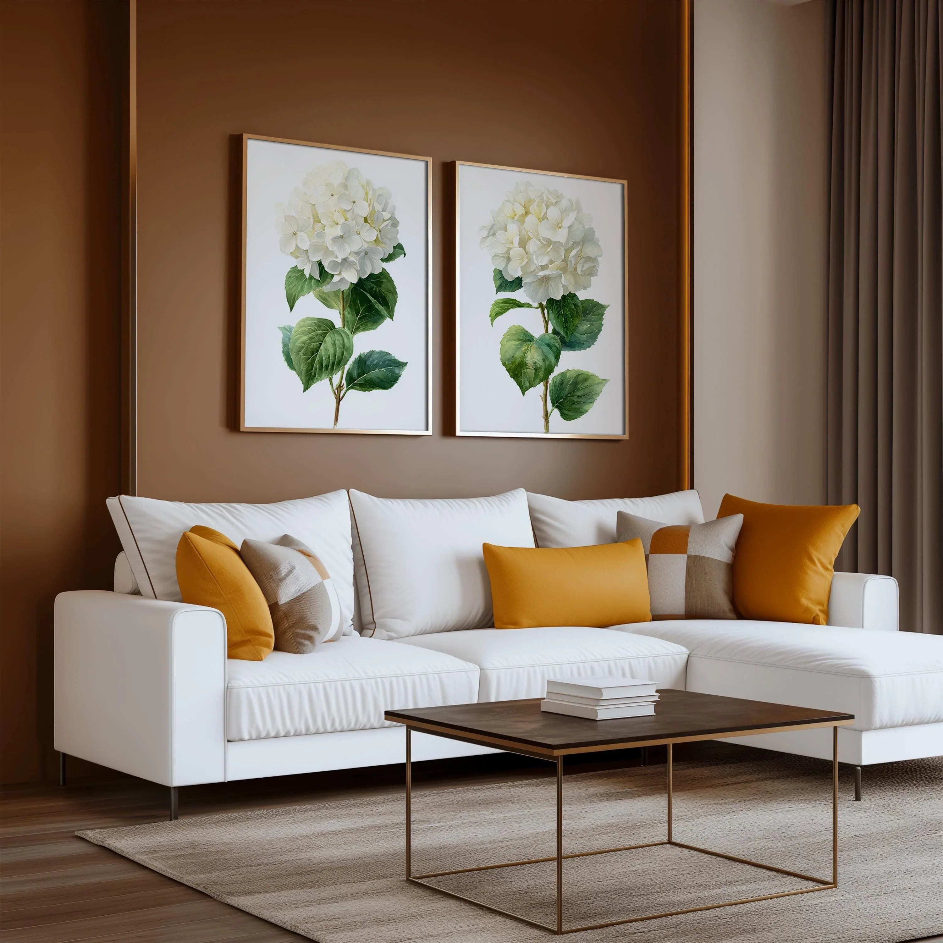 Hydrangea botanical wall art set of 2 – lush white blooms with green leaves