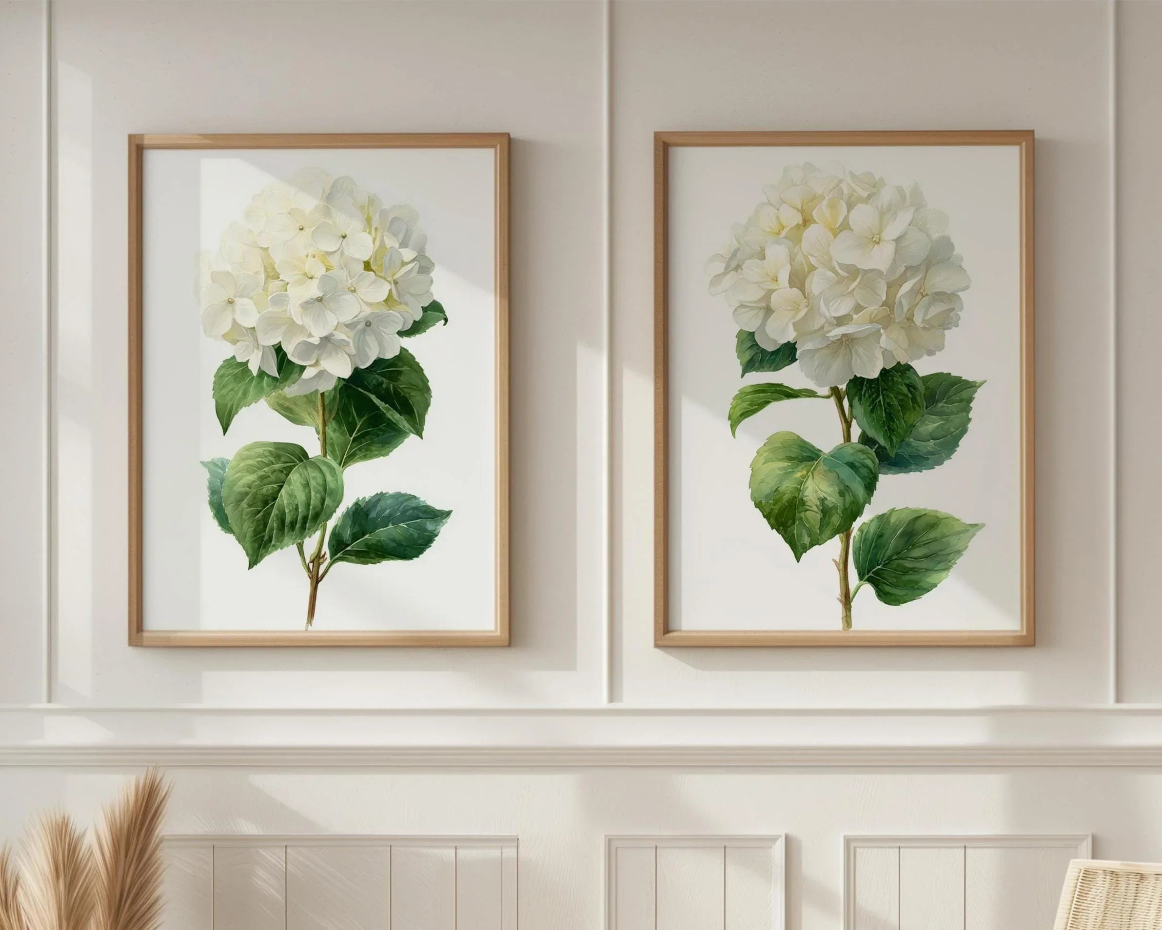 Hydrangea botanical wall art set of 2 – lush white blooms with green leaves