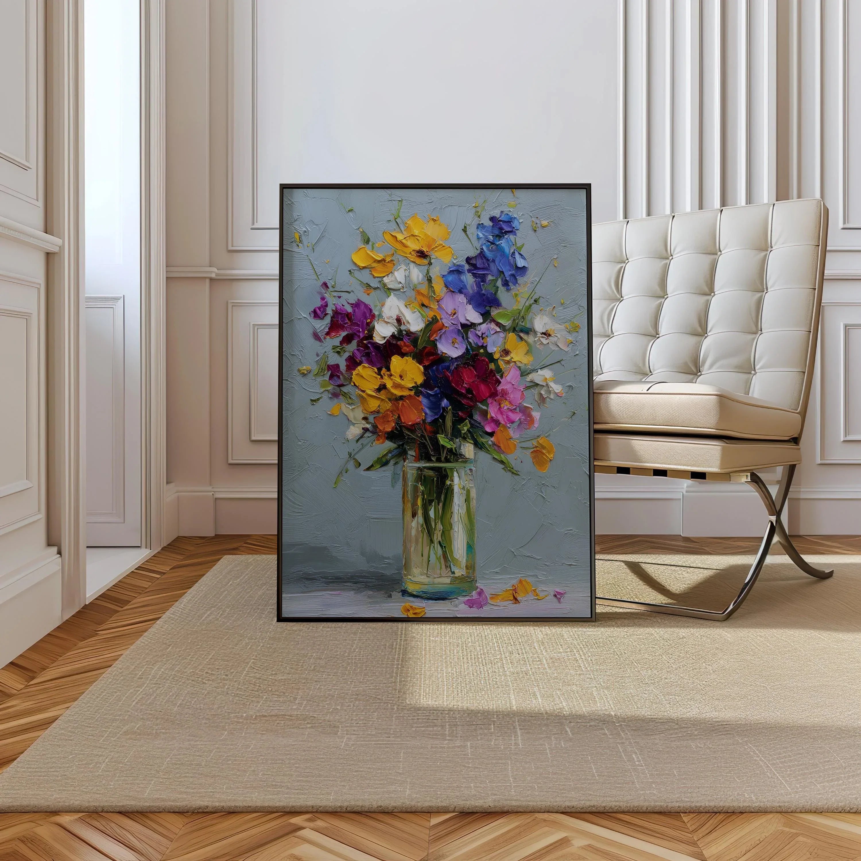 Colorful impasto flower bouquet wall art – vibrant blooms in a glass vase, oil painting style decor