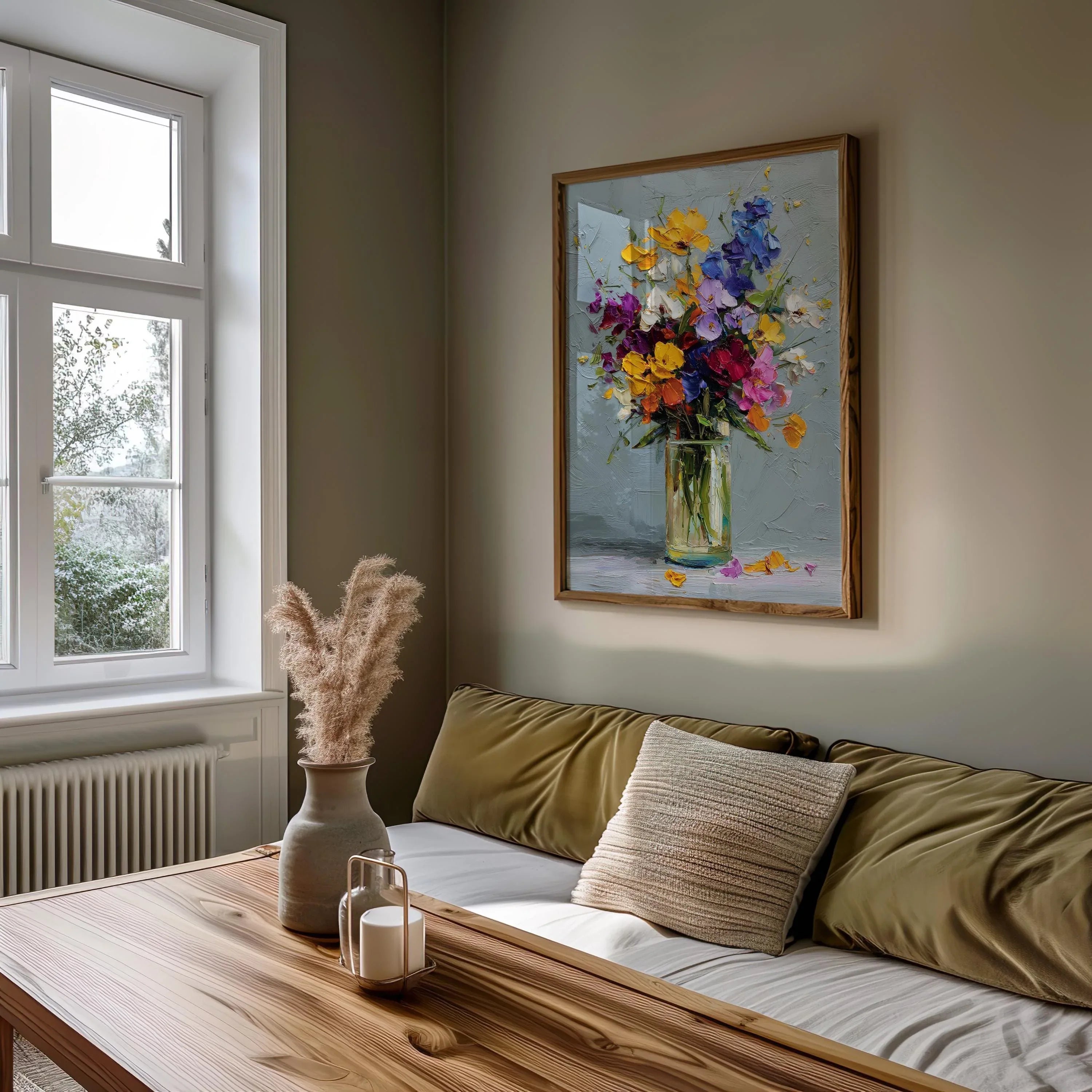 Colorful impasto flower bouquet wall art – vibrant blooms in a glass vase, oil painting style decor