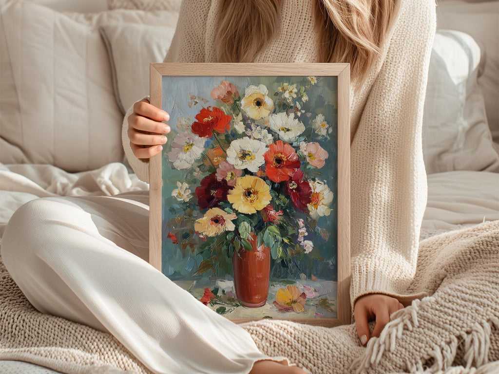 Impressionist flower bouquet in terracotta vase – colorful floral still life wall art