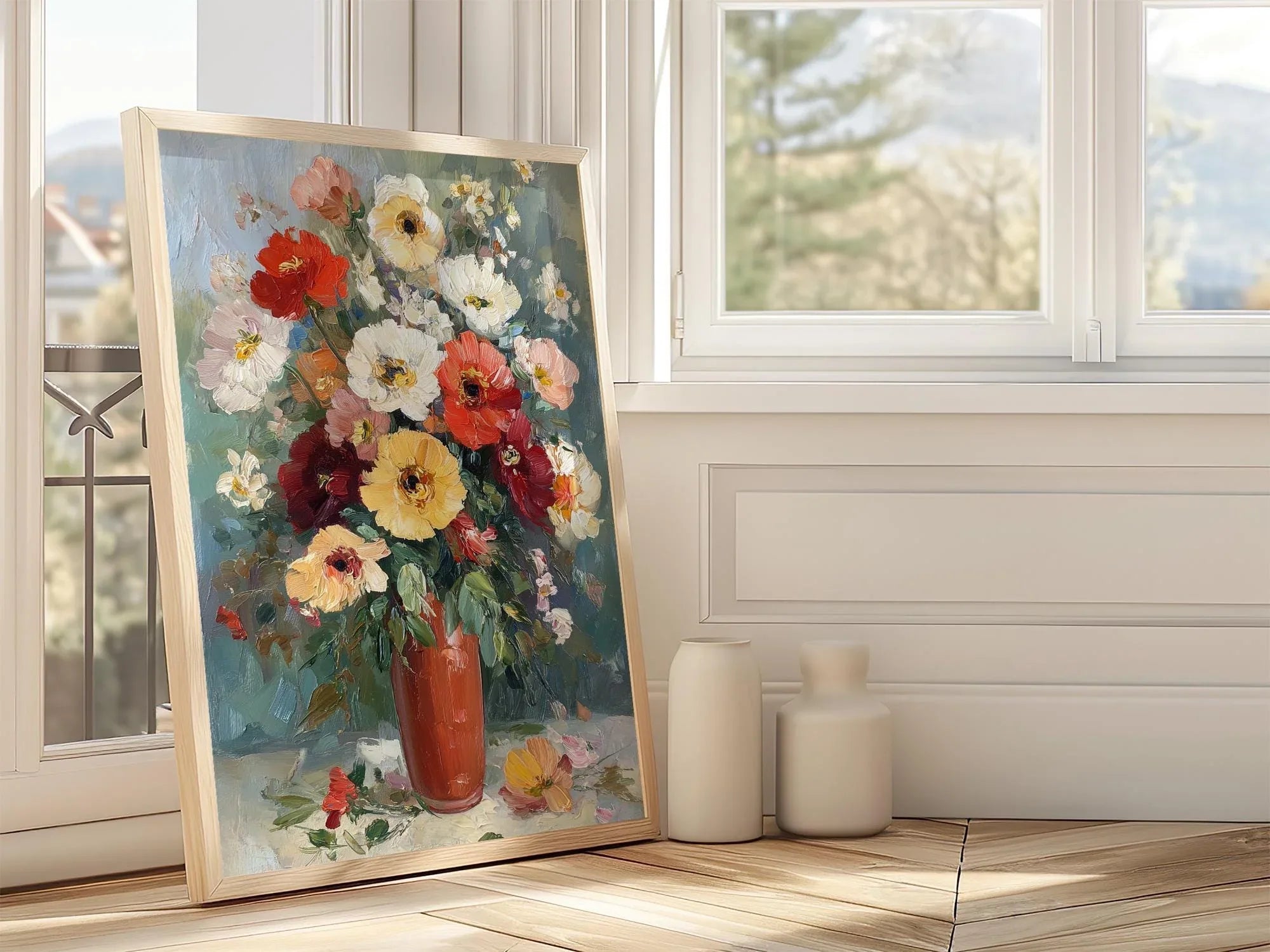 Impressionist flower bouquet in terracotta vase – colorful floral still life wall art