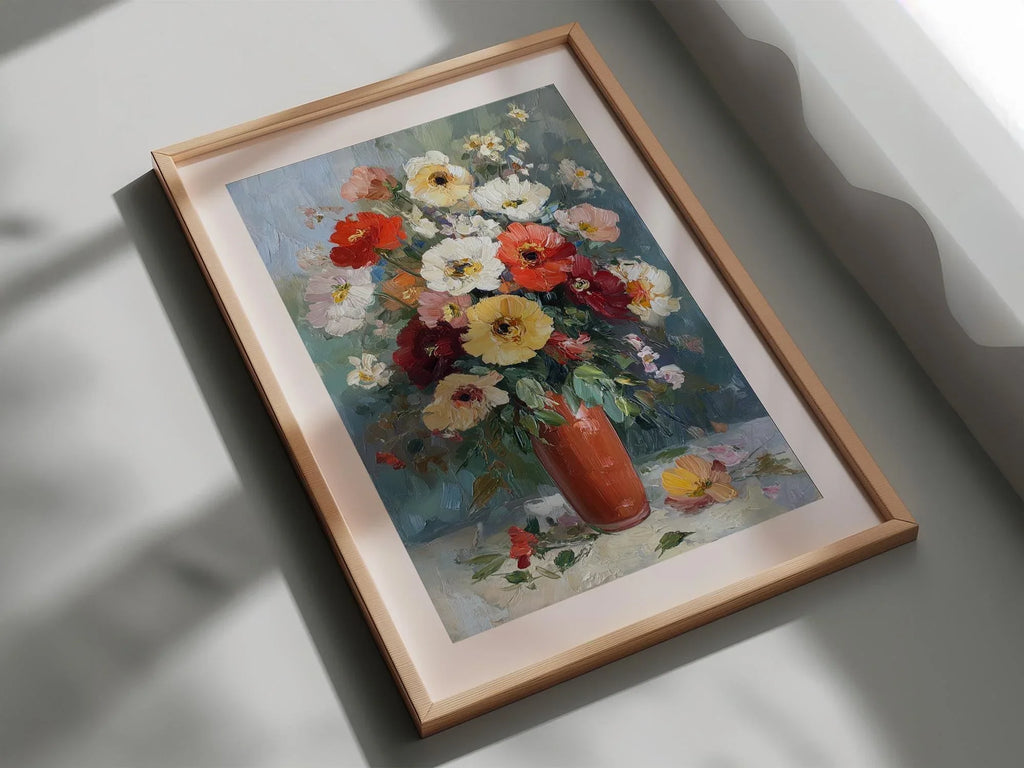 Impressionist flower bouquet in terracotta vase – colorful floral still life wall art