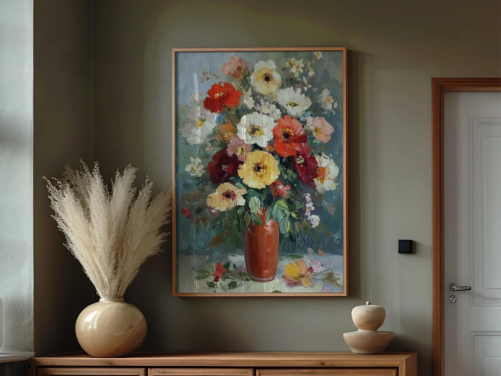 Impressionist flower bouquet in terracotta vase – colorful floral still life wall art