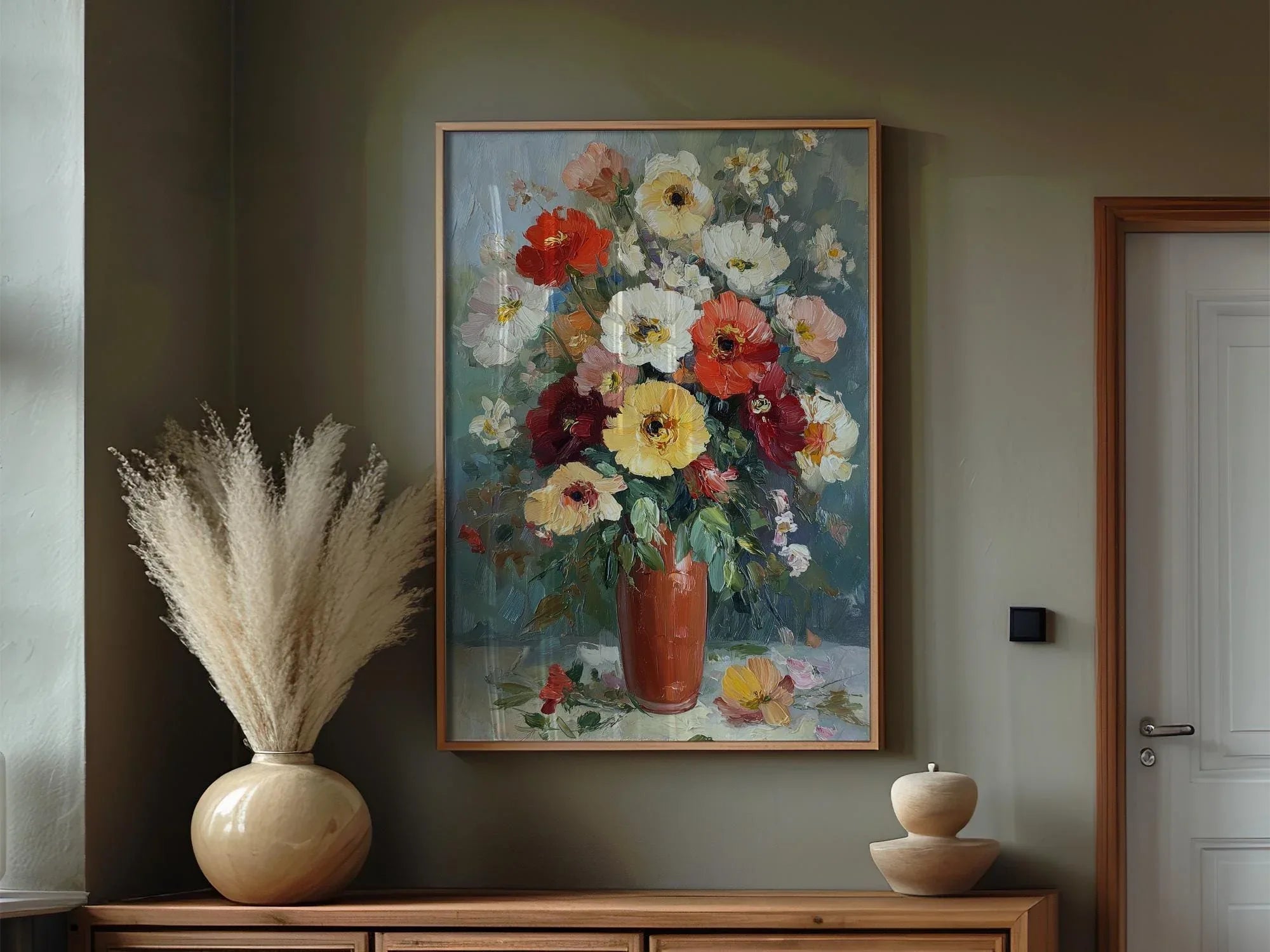 Impressionist flower bouquet in terracotta vase – colorful floral still life wall art