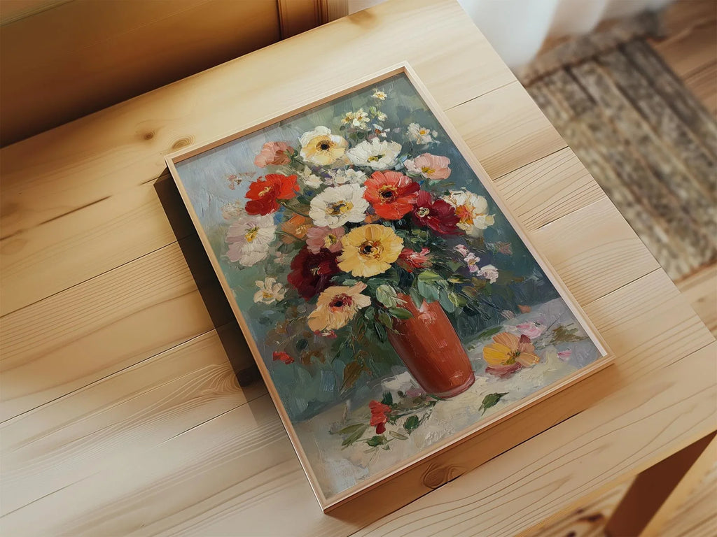 Impressionist flower bouquet in terracotta vase – colorful floral still life wall art