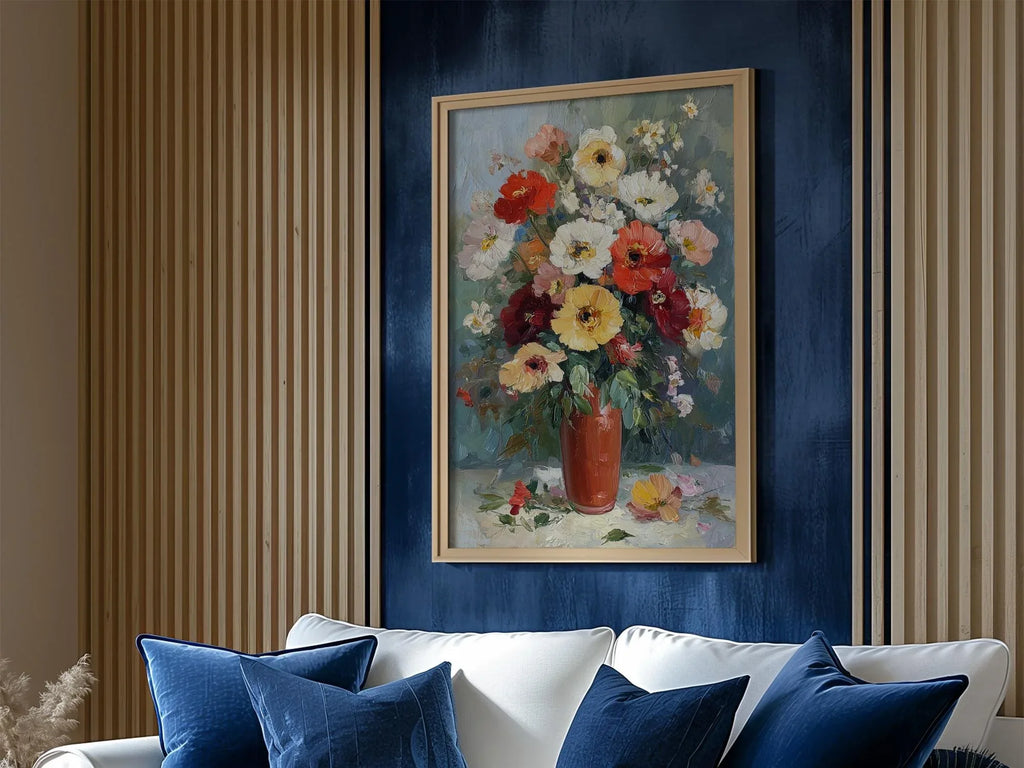 Impressionist flower bouquet in terracotta vase – colorful floral still life wall art