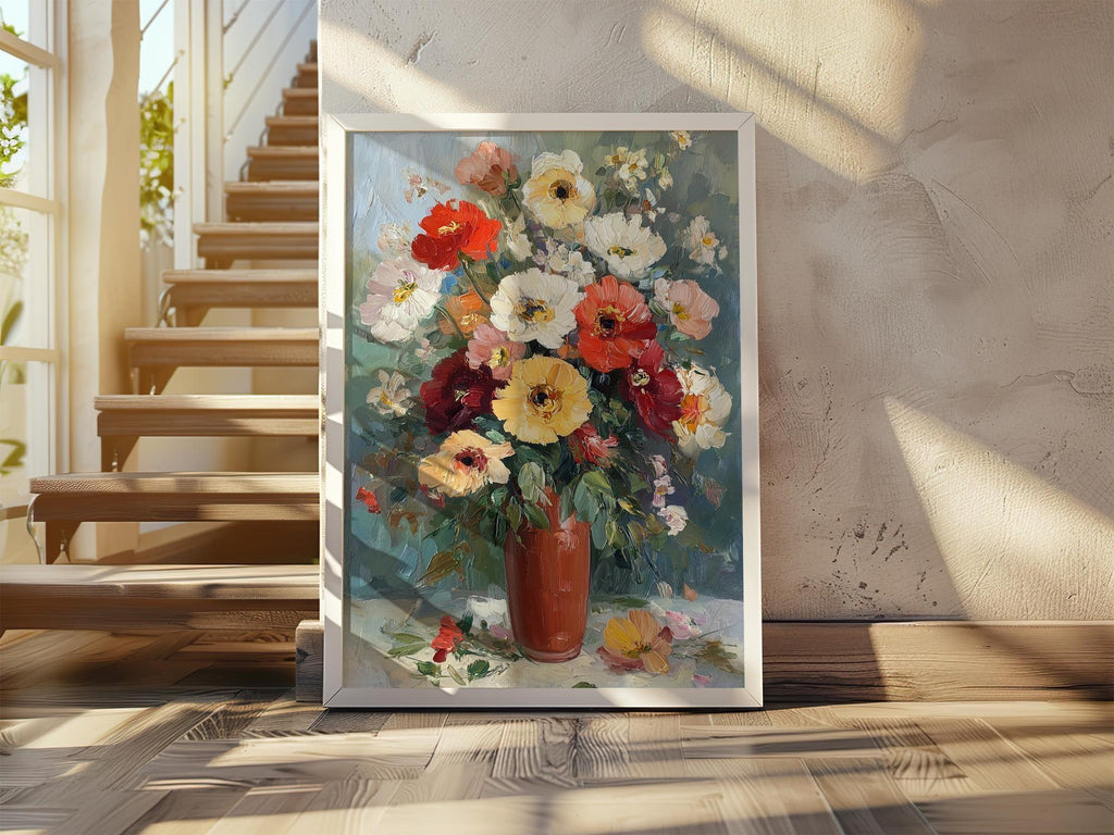 Impressionist flower bouquet in terracotta vase – colorful floral still life wall art