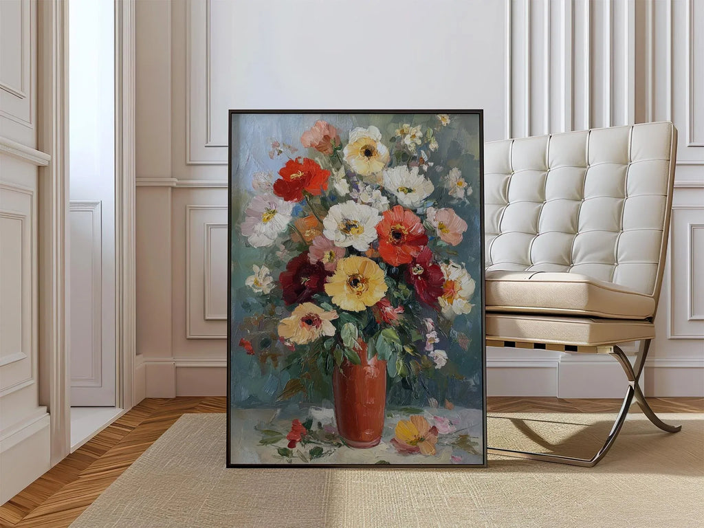 Impressionist flower bouquet in terracotta vase – colorful floral still life wall art