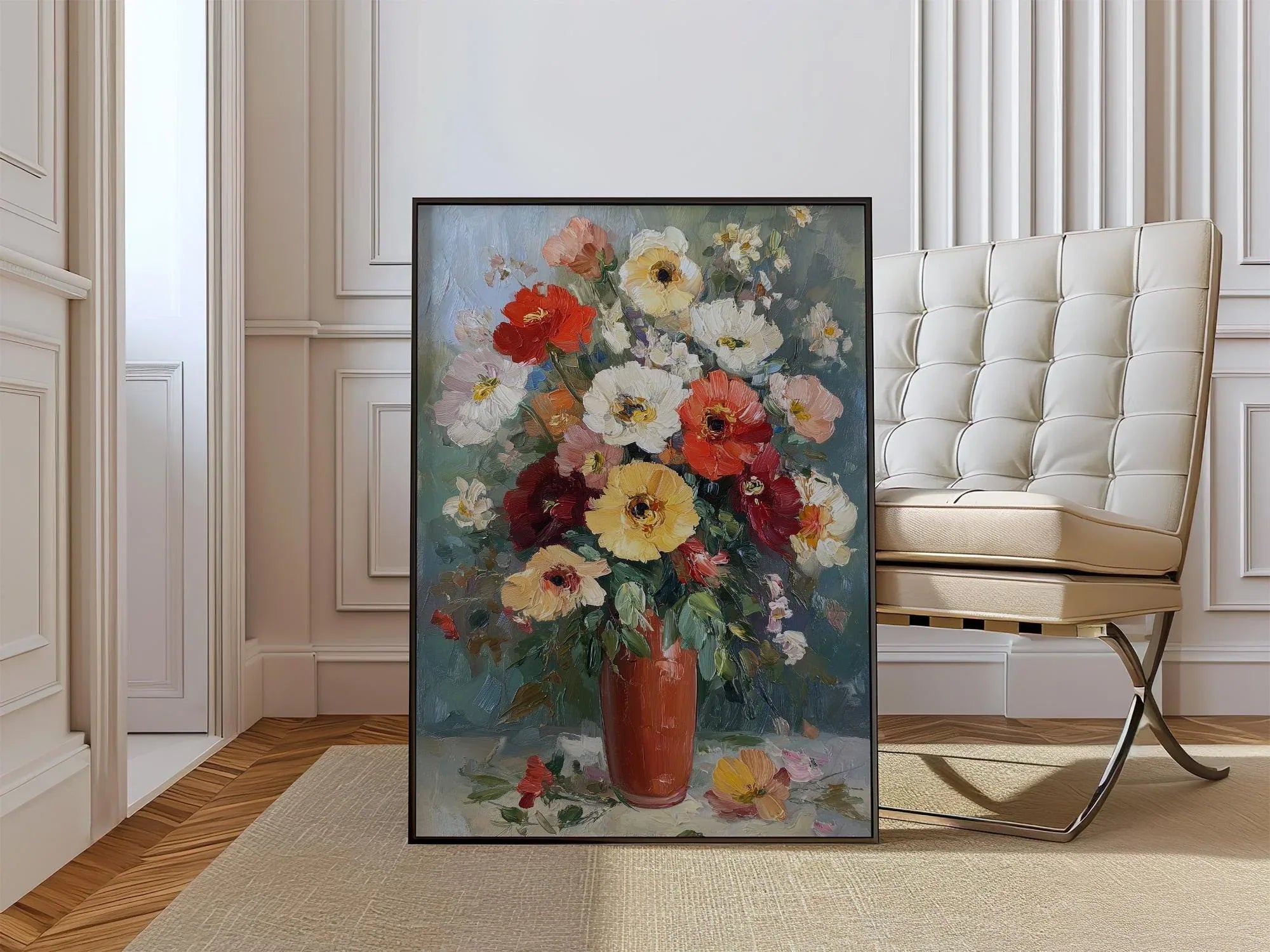 Impressionist flower bouquet in terracotta vase – colorful floral still life wall art