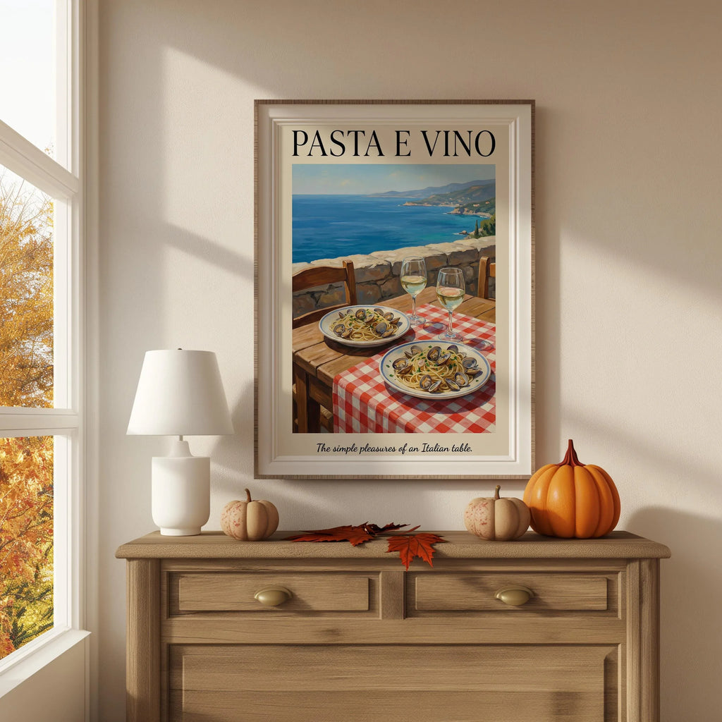 Italian pasta e vino coastal wall art – seaside table with spaghetti and wine, Mediterranean decor