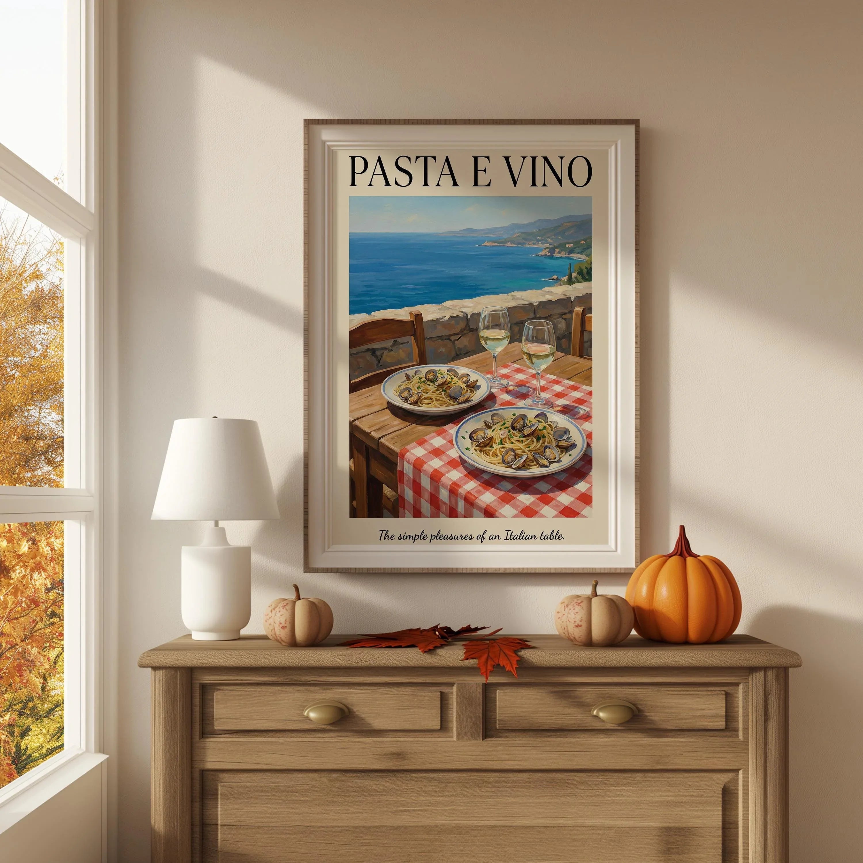 Italian pasta e vino coastal wall art – seaside table with spaghetti and wine, Mediterranean decor