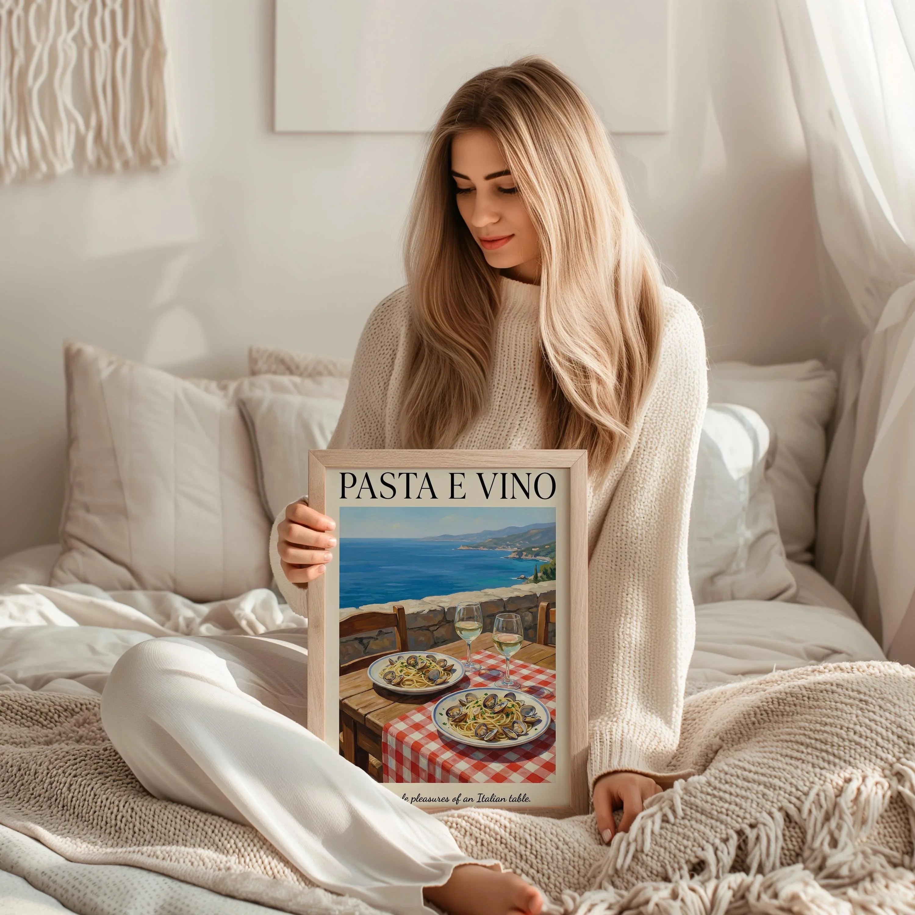 Italian pasta e vino coastal wall art – seaside table with spaghetti and wine, Mediterranean decor