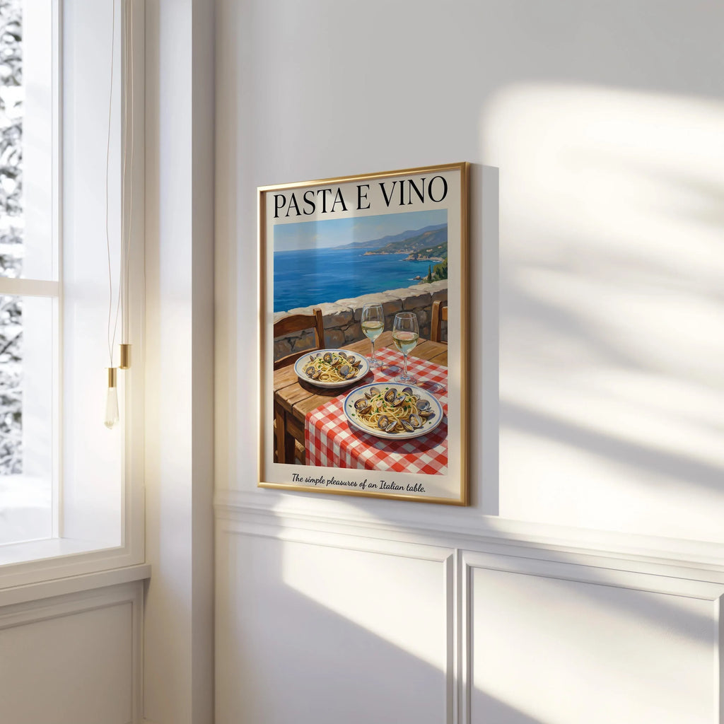 Italian pasta e vino coastal wall art – seaside table with spaghetti and wine, Mediterranean decor