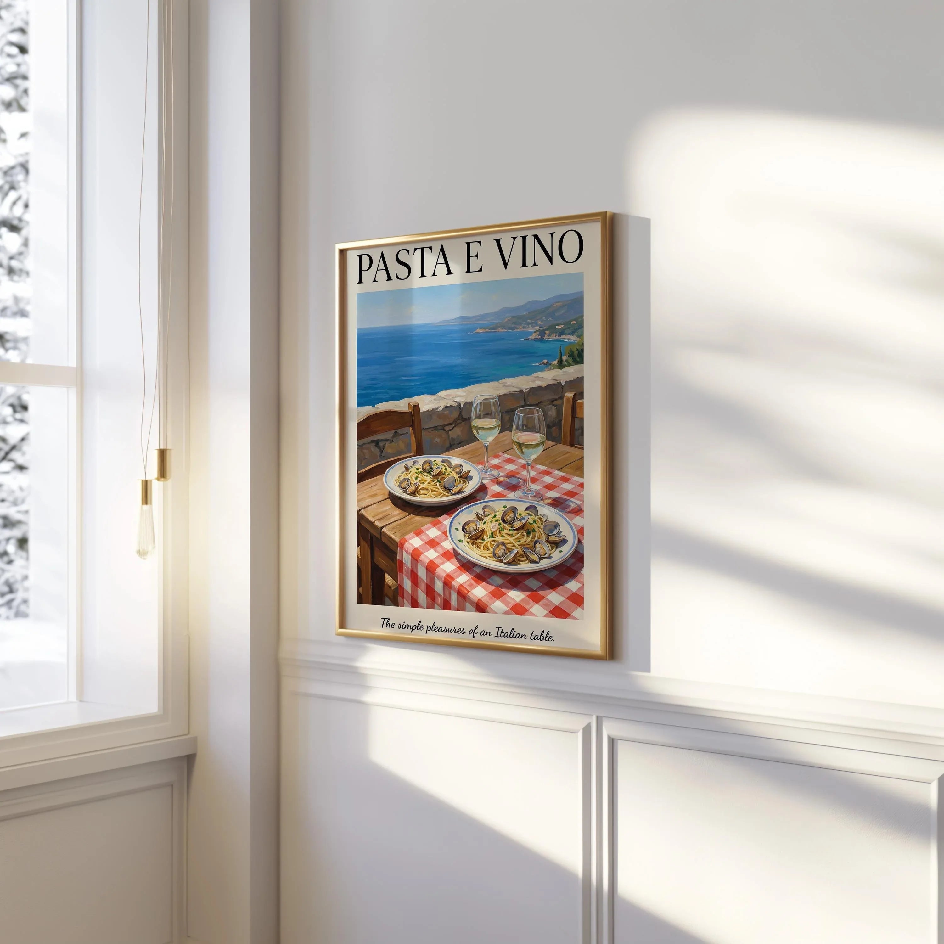 Italian pasta e vino coastal wall art – seaside table with spaghetti and wine, Mediterranean decor