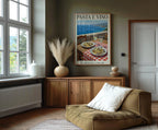 Italian pasta e vino coastal wall art – seaside table with spaghetti and wine, Mediterranean decor