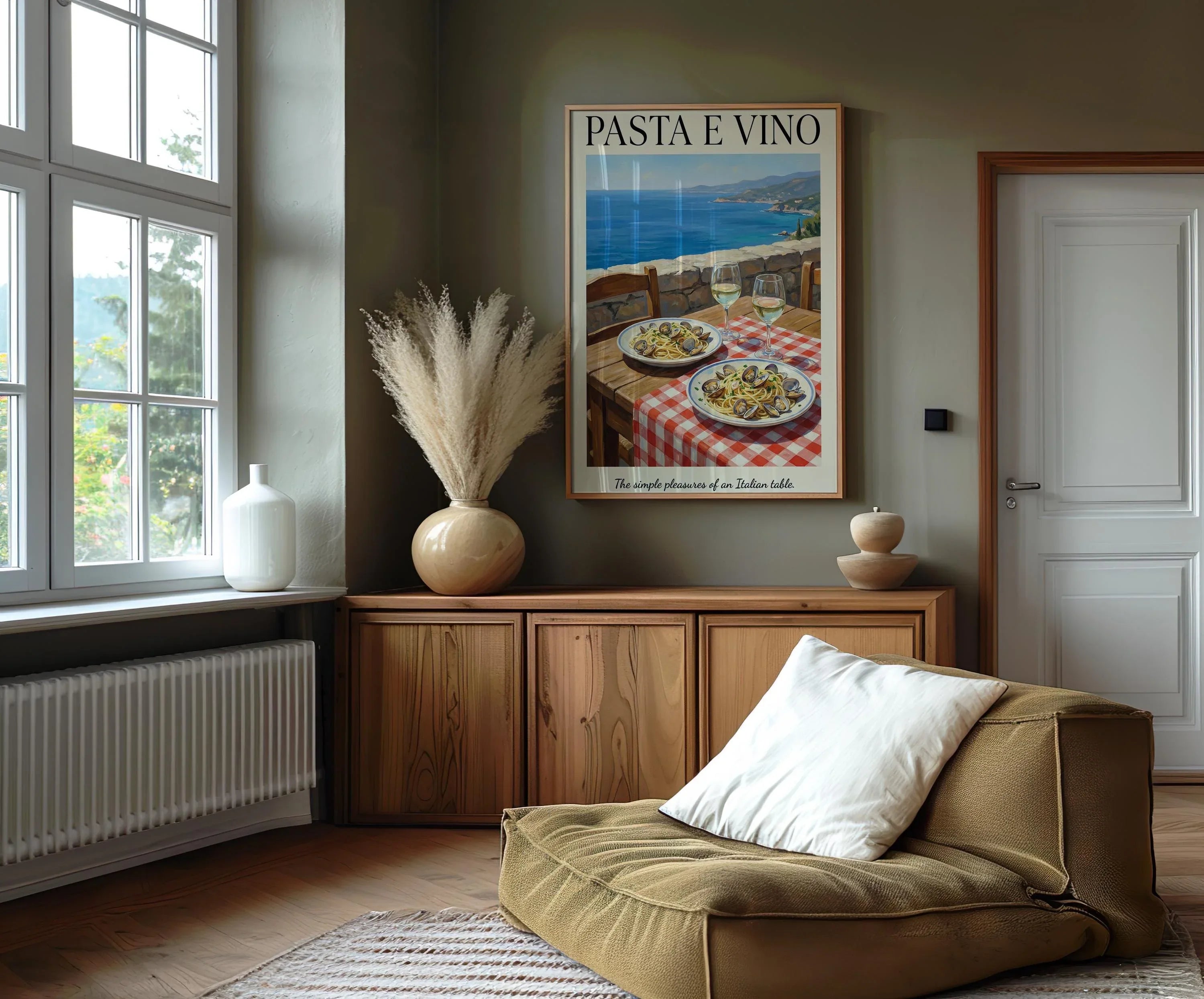 Italian pasta e vino coastal wall art – seaside table with spaghetti and wine, Mediterranean decor