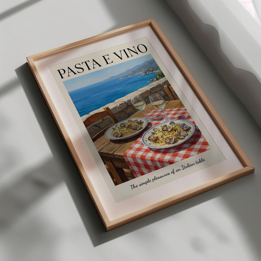 Italian pasta e vino coastal wall art – seaside table with spaghetti and wine, Mediterranean decor